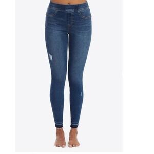 Spanx Distressed Skinny Jeans Womens L Blue Dark Wash Raw Hem High Rise Jeggings